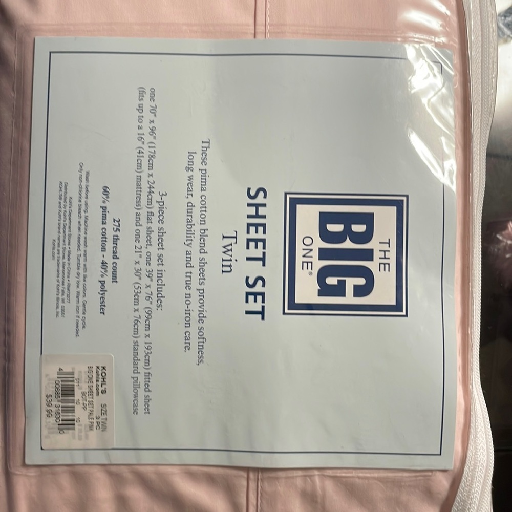 The big One Twin Sheet Set 275 Thread Count soft Pima cotton blend 3-pc set NEW!